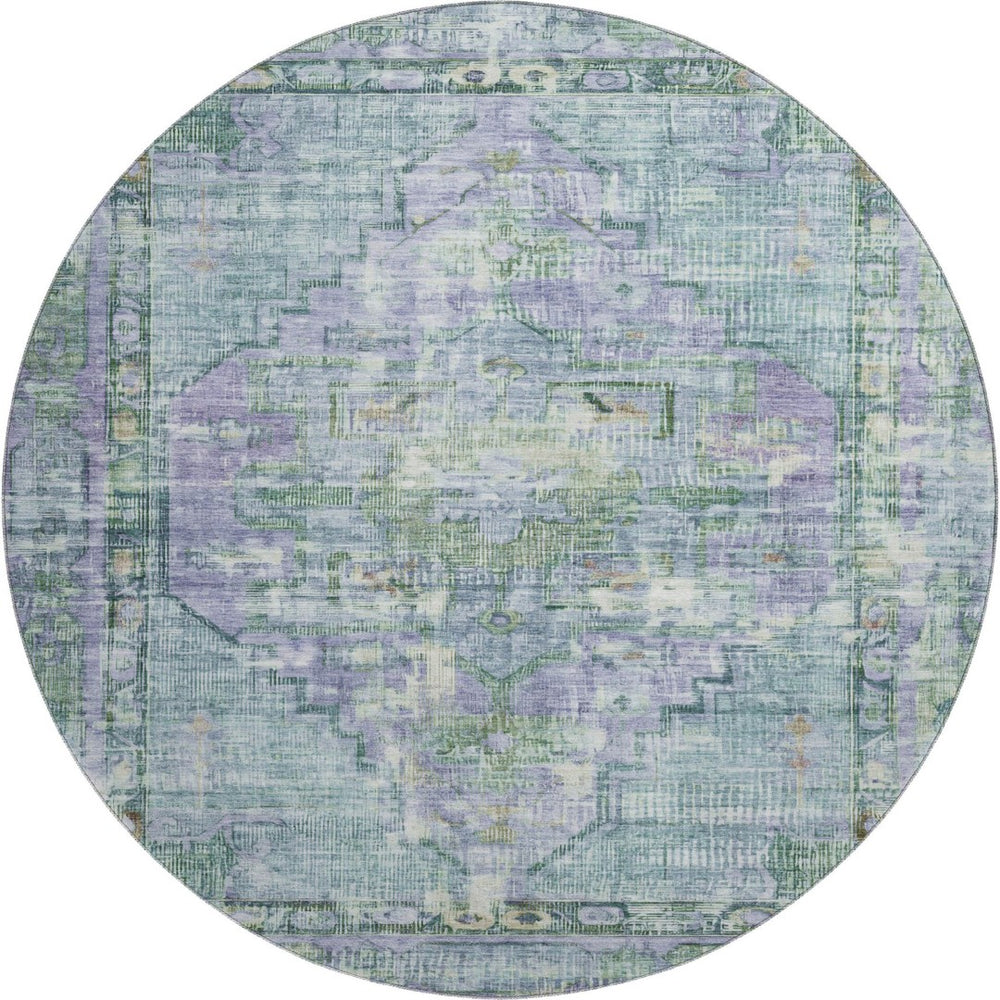 HomeRoots 8' Teal Lavender and Green Washable Oriental Round Rug with UV Protection for Busy Households 699433