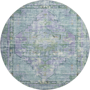 HomeRoots 8' Teal Lavender and Green Washable Oriental Round Rug with UV Protection for Busy Households 699433