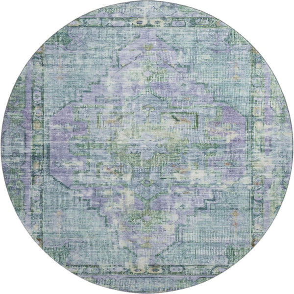 HomeRoots 8' Teal Lavender and Green Washable Oriental Round Rug with UV Protection for Busy Households 699433