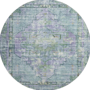 HomeRoots 8' Teal Lavender and Green Washable Oriental Round Rug with UV Protection for Busy Households 699433