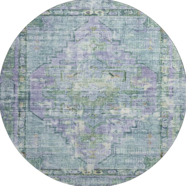 HomeRoots 8' Teal Lavender and Green Washable Oriental Round Rug with UV Protection for Busy Households 699433