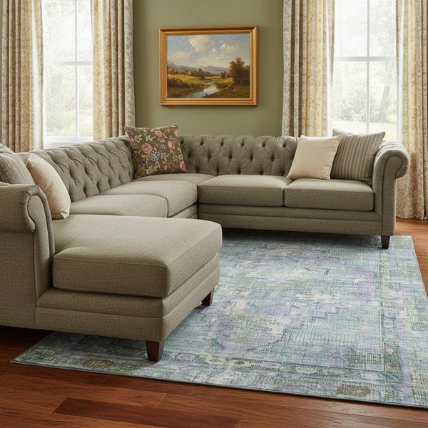 HomeRoots 8' X 10' Stylish Teal Lavender Green Oriental Area Rug - Washable, UV Protected, Non-Slip Design! 699434