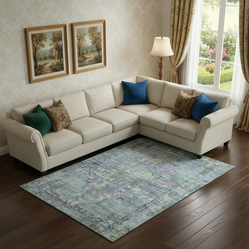 HomeRoots 9' X 12' Teal Lavender Green Oriental Area Rug - Stylish, Washable, UV-Protected & Durable Design! 699435