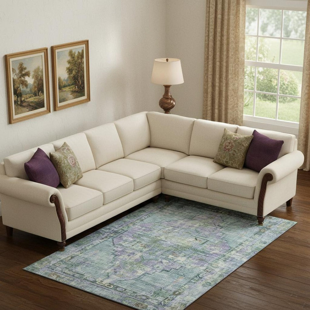 HomeRoots 10' X 14' Teal Lavender Green Oriental Rug - Washable, UV Protected, Stain Resistant for Busy Homes 699436