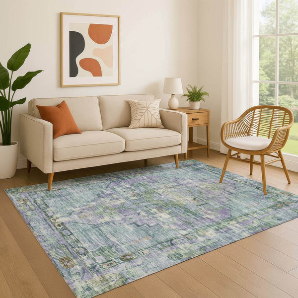 HomeRoots 10' X 14' Teal Lavender Green Oriental Rug - Washable, UV Protected, Stain Resistant for Busy Homes 699436