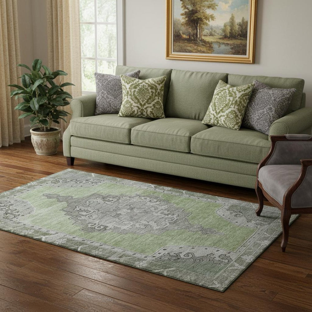 HomeRoots 5' X 8' Artichoke Green Gray Silver Oriental Area Rug - Washable, UV Protected, Stylish & Durable! 699438