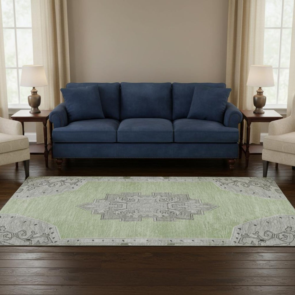 HomeRoots 8' Artichoke Green Gray Silver Washable Round Rug - UV Protected, Stain Resistant, Stylish Design! 699439