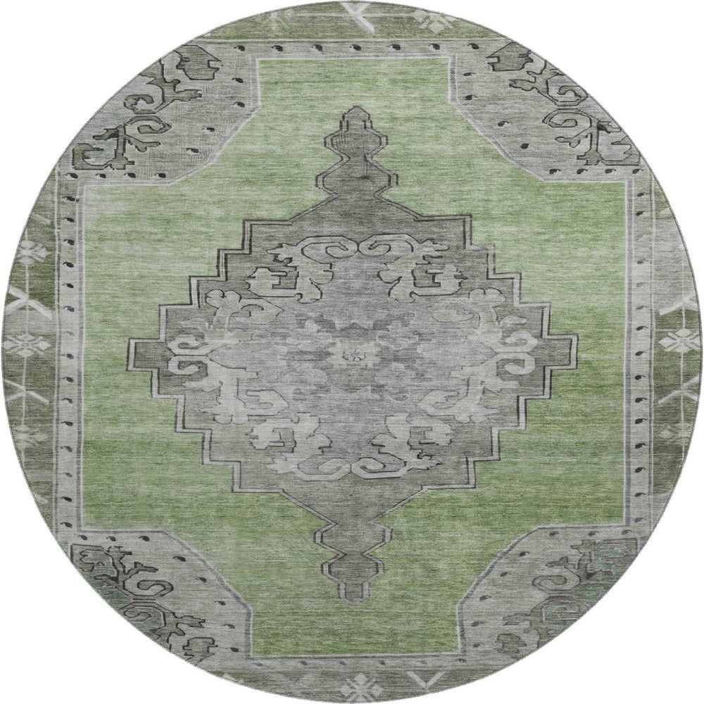 HomeRoots 8' Artichoke Green Gray Silver Washable Round Rug - UV Protected, Stain Resistant, Stylish Design! 699439