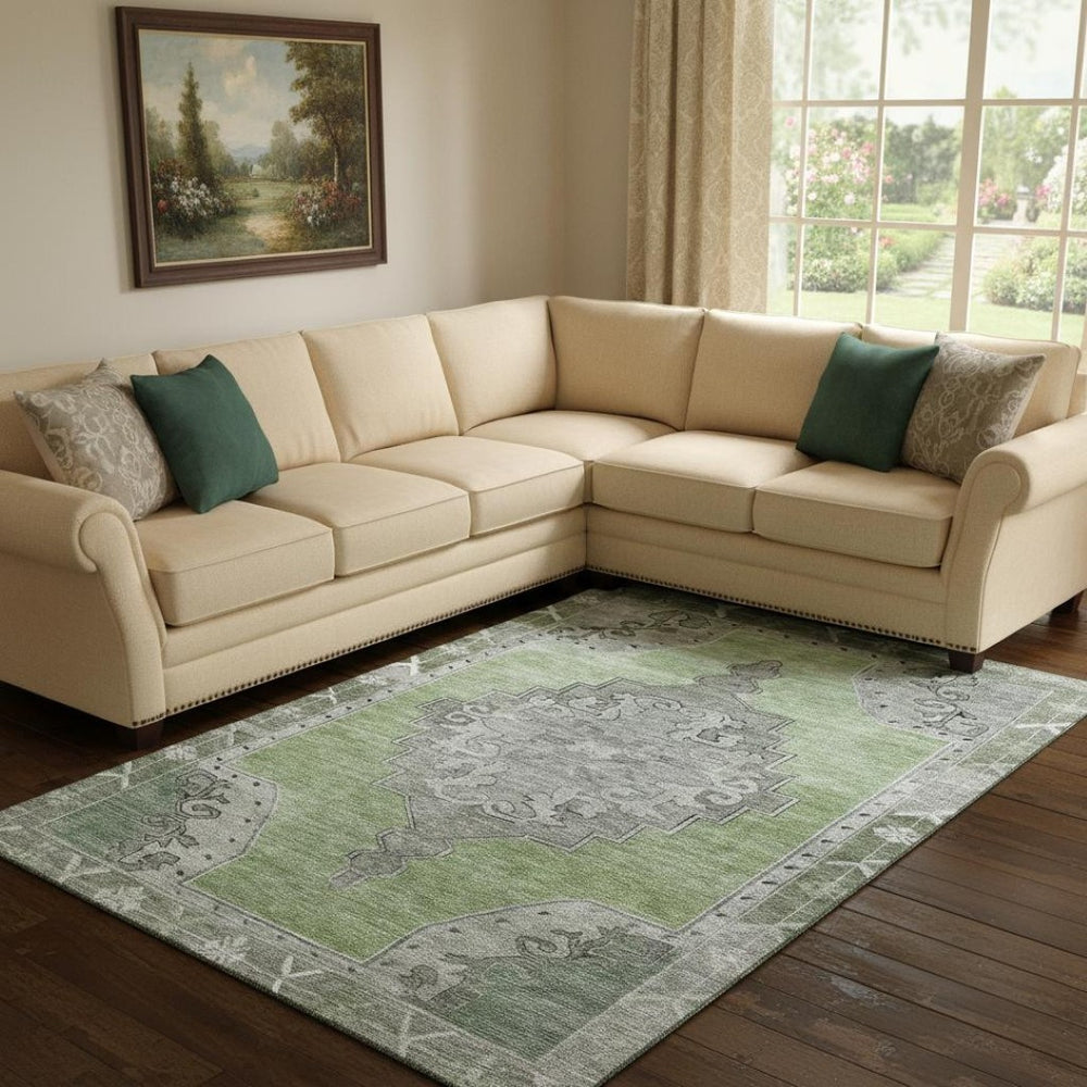 HomeRoots 8' X 10' Artichoke Green Gray Silver Oriental Area Rug - Washable, Stain-Resistant, UV Protected! 699440