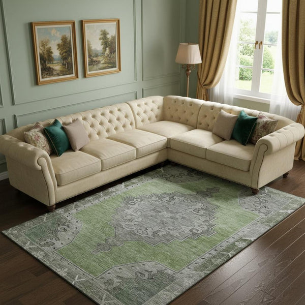 HomeRoots 9' X 12' Elegant Artichoke Green Oriental Area Rug - Durable, Washable, UV Protected & Stain Resistant 699441