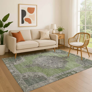 HomeRoots 9' X 12' Elegant Artichoke Green Oriental Area Rug - Durable, Washable, UV Protected & Stain Resistant 699441