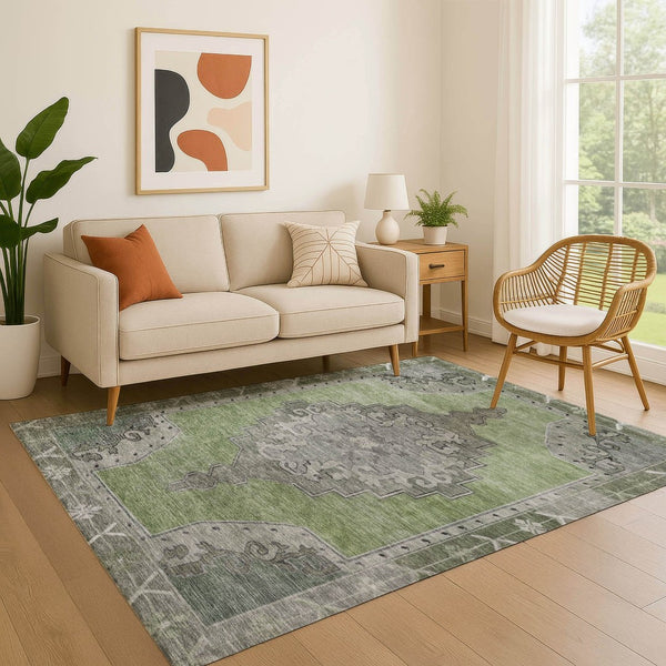 HomeRoots 9' X 12' Elegant Artichoke Green Oriental Area Rug - Durable, Washable, UV Protected & Stain Resistant 699441