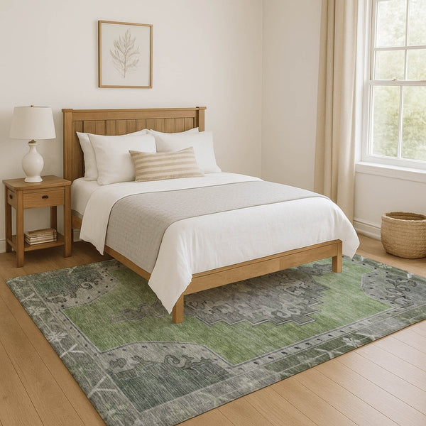HomeRoots 9' X 12' Elegant Artichoke Green Oriental Area Rug - Durable, Washable, UV Protected & Stain Resistant 699441