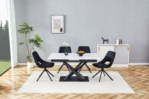 English Elm Modern Extendable Dining Table with Walnut MDF Veneer Top, Dual V-Shaped Metal Base, Sleek Durable Design White Marble W3493S00006