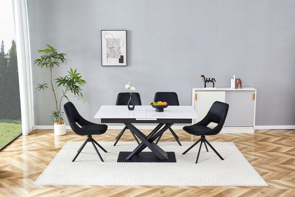 English Elm Modern Extendable Dining Table with Walnut MDF Veneer Top, Dual V-Shaped Metal Base, Sleek Durable Design White Marble W3493S00006