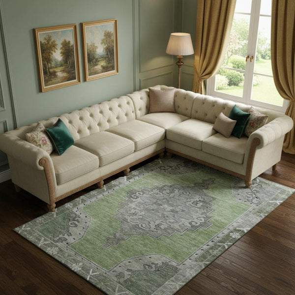 HomeRoots 10' X 14' Artichoke Green Gray Silver Oriental Area Rug - Stylish, Washable, UV-Protected & Durable! 699442