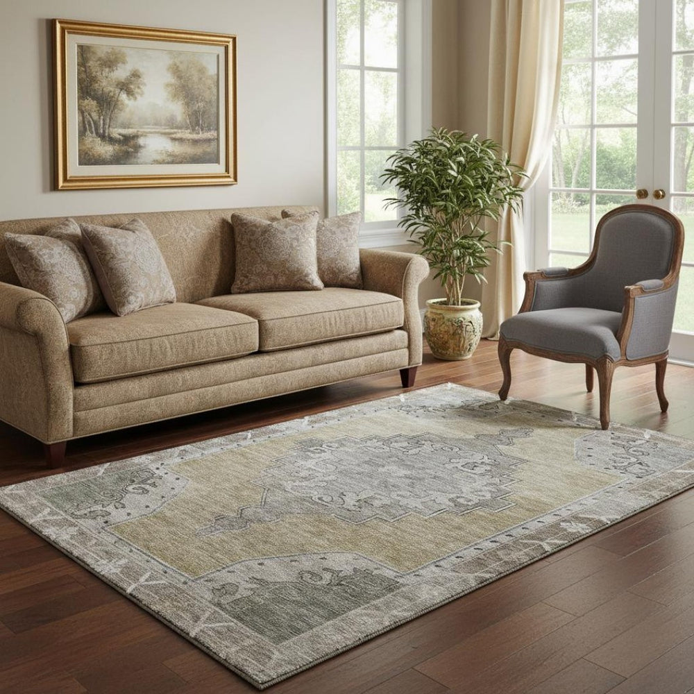 HomeRoots 5' X 8' Beige Gray Charcoal Oriental Washable Area Rug – Stain-Resistant, Non-Slip, UV Protected 699444
