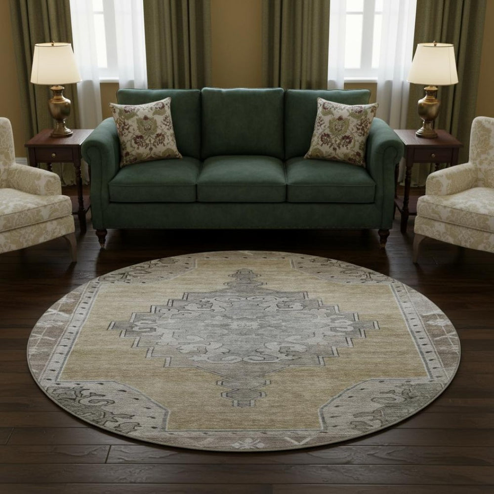 HomeRoots 8' Washable Oriental Round Rug in Beige, Gray & Charcoal - UV Protected, Stylish & Stain Resistant 699445