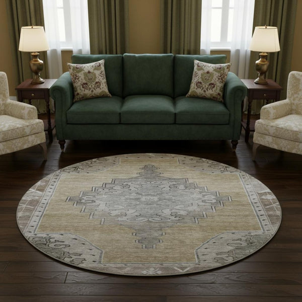 HomeRoots 8' Washable Oriental Round Rug in Beige, Gray & Charcoal - UV Protected, Stylish & Stain Resistant 699445