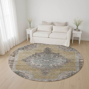 HomeRoots 8' Washable Oriental Round Rug in Beige, Gray & Charcoal - UV Protected, Stylish & Stain Resistant 699445
