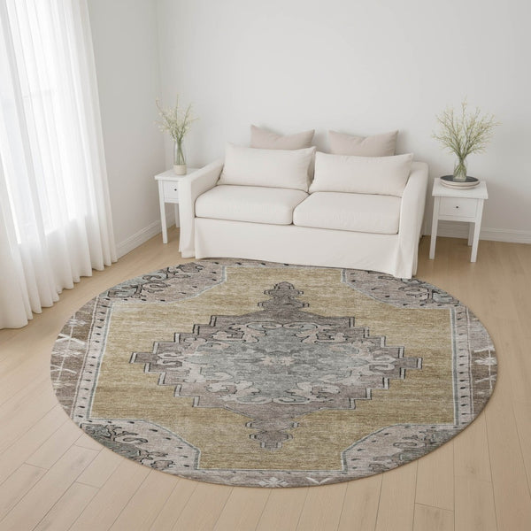 HomeRoots 8' Washable Oriental Round Rug in Beige, Gray & Charcoal - UV Protected, Stylish & Stain Resistant 699445