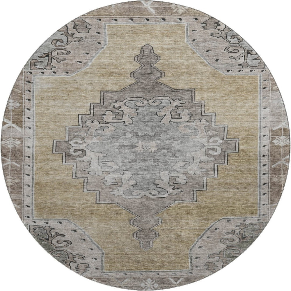 HomeRoots 8' Washable Oriental Round Rug in Beige, Gray & Charcoal - UV Protected, Stylish & Stain Resistant 699445