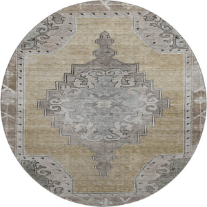 HomeRoots 8' Washable Oriental Round Rug in Beige, Gray & Charcoal - UV Protected, Stylish & Stain Resistant 699445