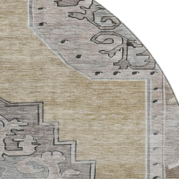 HomeRoots 8' Washable Oriental Round Rug in Beige, Gray & Charcoal - UV Protected, Stylish & Stain Resistant 699445