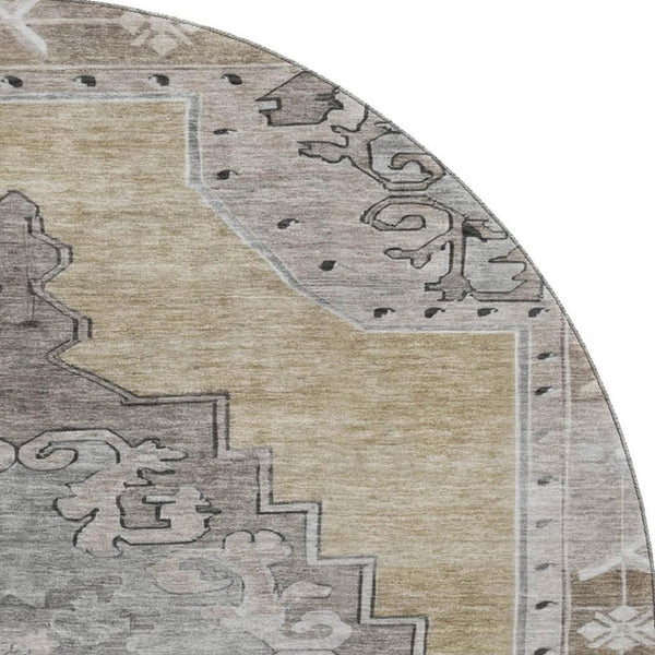 HomeRoots 8' Washable Oriental Round Rug in Beige, Gray & Charcoal - UV Protected, Stylish & Stain Resistant 699445