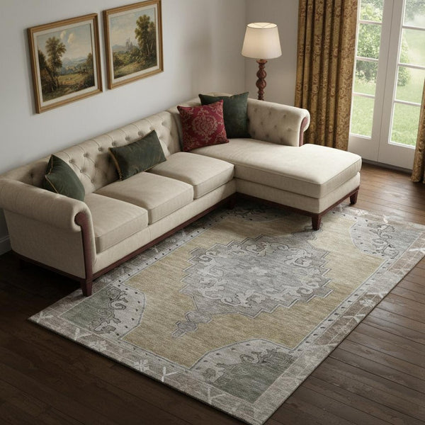 HomeRoots 9' X 12' Timeless Beige Gray Charcoal Oriental Rug - Washable, UV Protected & Stain Resistant Design 699447