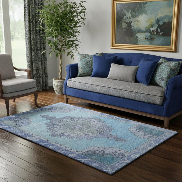 HomeRoots 5' X 8' Blue And Gray Oriental Area Rug - Washable, UV Protected, Stain Resistant for Busy Homes! 699450