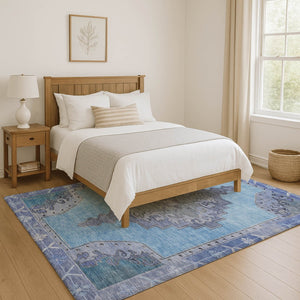 HomeRoots 5' X 8' Blue And Gray Oriental Area Rug - Washable, UV Protected, Stain Resistant for Busy Homes! 699450