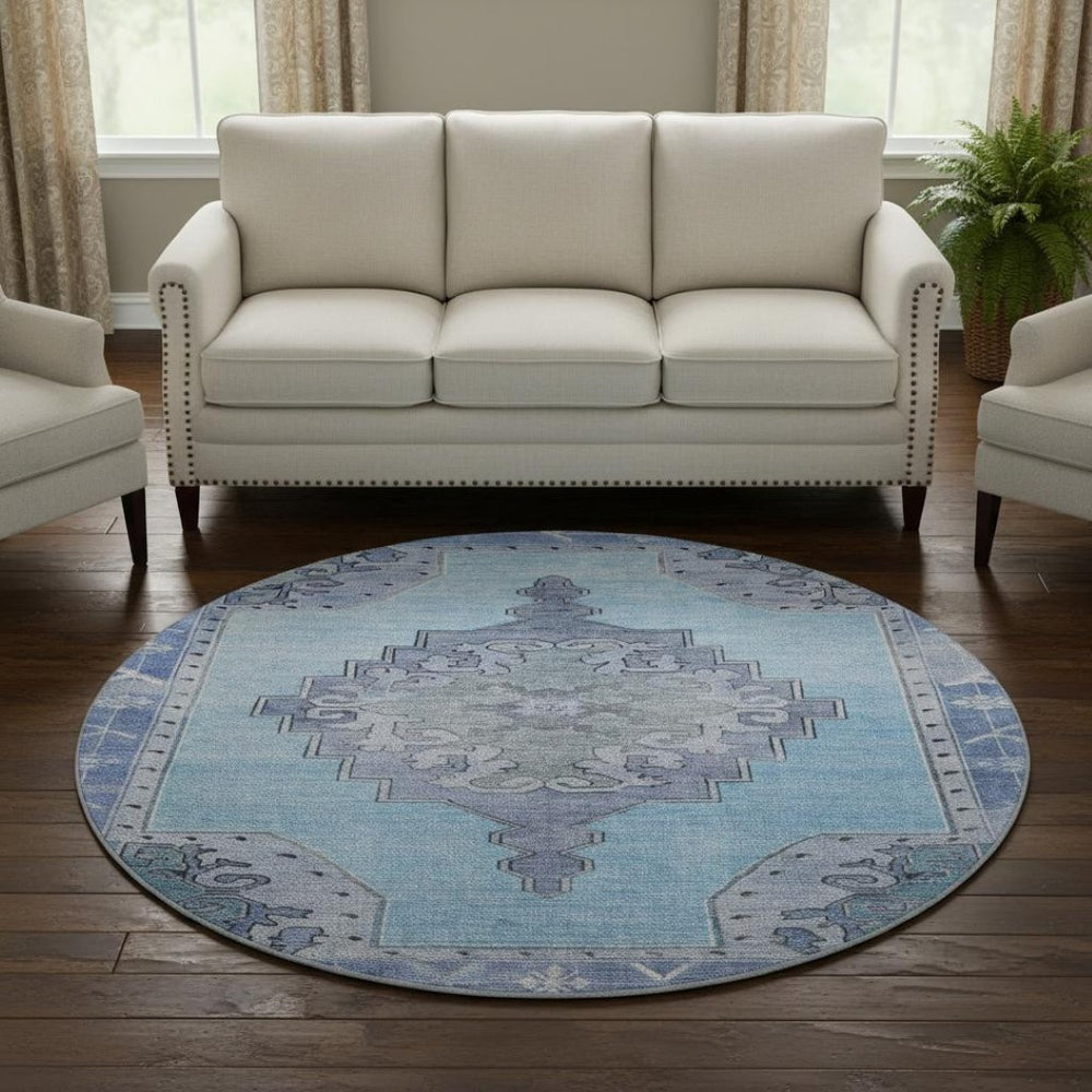 HomeRoots 8' Blue And Gray Oriental Round Rug – Washable, Stain-Resistant, UV Protected for Busy Homes! 699451