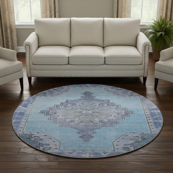 HomeRoots 8' Blue And Gray Oriental Round Rug – Washable, Stain-Resistant, UV Protected for Busy Homes! 699451