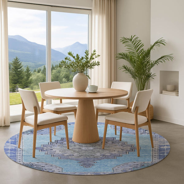 HomeRoots 8' Blue And Gray Oriental Round Rug – Washable, Stain-Resistant, UV Protected for Busy Homes! 699451