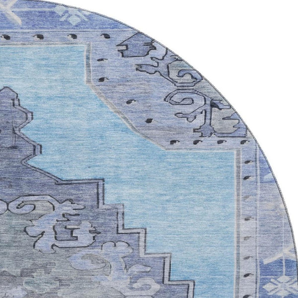 HomeRoots 8' Blue And Gray Oriental Round Rug – Washable, Stain-Resistant, UV Protected for Busy Homes! 699451