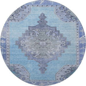 HomeRoots 8' Blue And Gray Oriental Round Rug – Washable, Stain-Resistant, UV Protected for Busy Homes! 699451