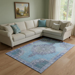 HomeRoots 8' X 10' Blue and Gray Washable Oriental Area Rug with UV Protection for Durable, Stylish Spaces 699452