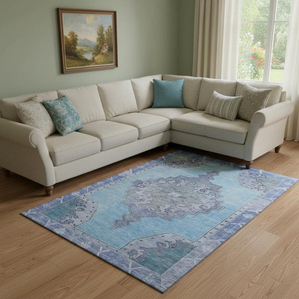 HomeRoots 8' X 10' Blue and Gray Washable Oriental Area Rug with UV Protection for Durable, Stylish Spaces 699452