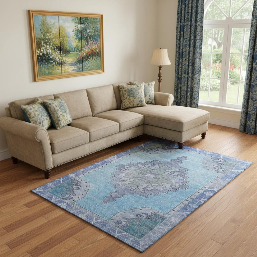 HomeRoots 9' X 12' Blue and Gray Oriental Area Rug - Washable, Stain-Resistant, UV Protected for Any Space 699453