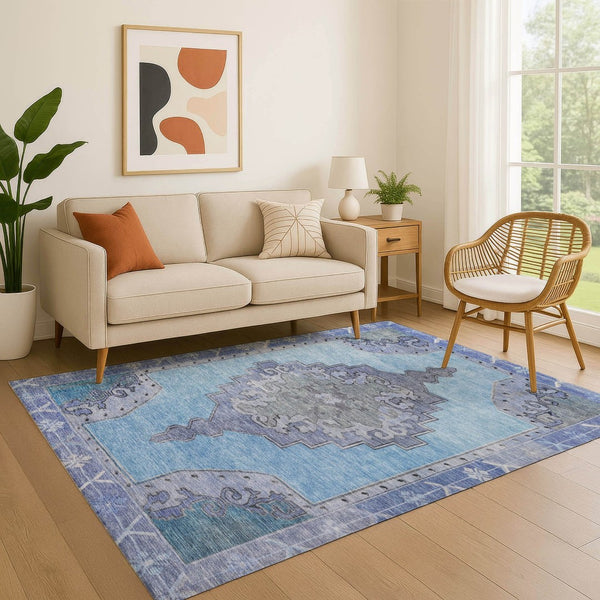 HomeRoots 9' X 12' Blue and Gray Oriental Area Rug - Washable, Stain-Resistant, UV Protected for Any Space 699453