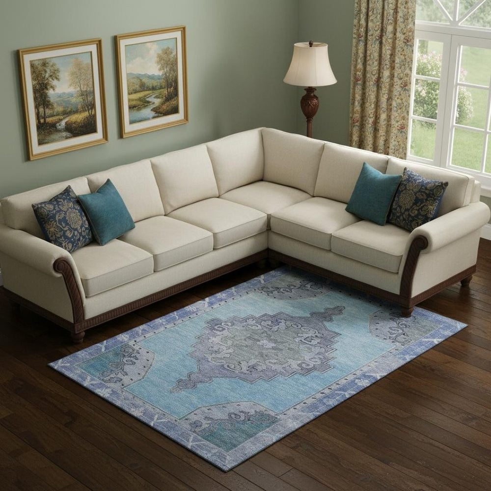 HomeRoots 10' X 14' Blue And Gray Oriental Washable Area Rug – Stylish, Durable, Stain-Resistant, UV Protected 699454