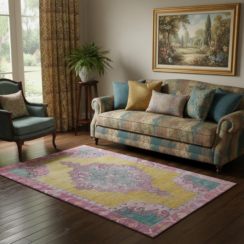 HomeRoots 5' X 8' Washable Oriental Area Rug in Gold, Pink & Teal - UV Protected, Stain Resistant & Stylish 699456