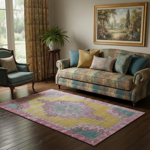 HomeRoots 5' X 8' Washable Oriental Area Rug in Gold, Pink & Teal - UV Protected, Stain Resistant & Stylish 699456