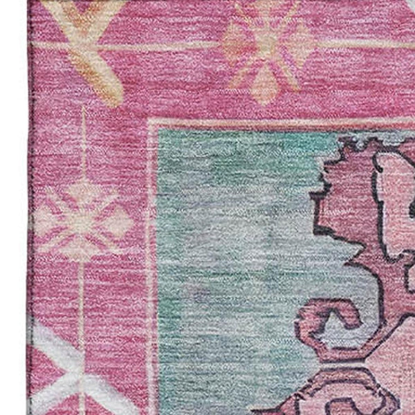 HomeRoots 5' X 8' Washable Oriental Area Rug in Gold, Pink & Teal - UV Protected, Stain Resistant & Stylish 699456