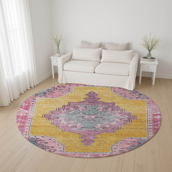 HomeRoots 8' Elegant Gold, Pink & Teal Oriental Washable Round Rug with UV Protection for High Traffic Areas 699457