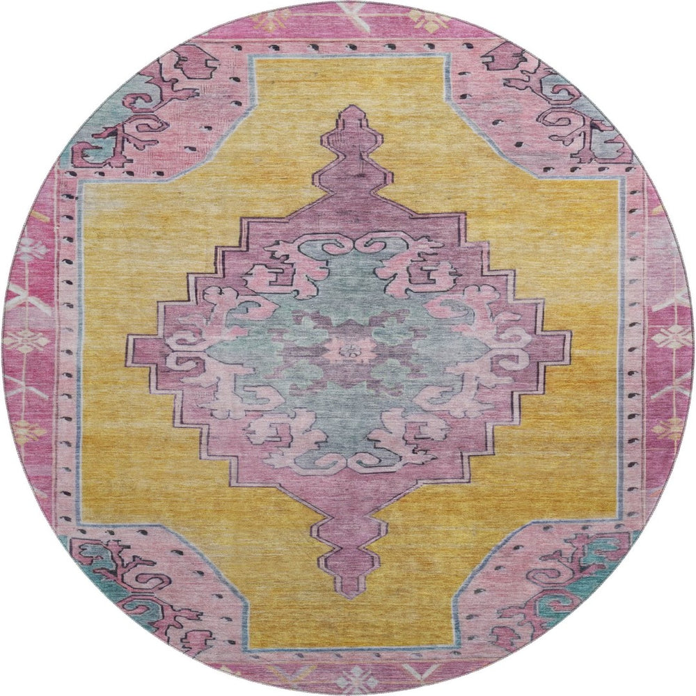 HomeRoots 8' Elegant Gold, Pink & Teal Oriental Washable Round Rug with UV Protection for High Traffic Areas 699457