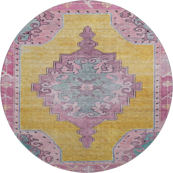 HomeRoots 8' Elegant Gold, Pink & Teal Oriental Washable Round Rug with UV Protection for High Traffic Areas 699457