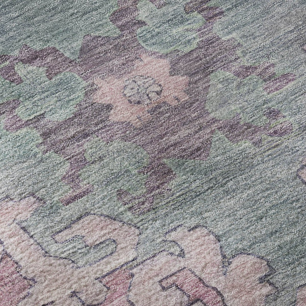 HomeRoots 8' Elegant Gold, Pink & Teal Oriental Washable Round Rug with UV Protection for High Traffic Areas 699457
