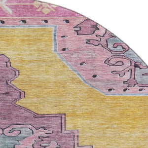 HomeRoots 8' Elegant Gold, Pink & Teal Oriental Washable Round Rug with UV Protection for High Traffic Areas 699457